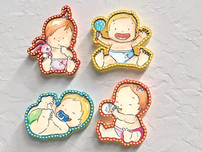 Cute Cartoon Baby Badges With Colorful Borders And Various Playful Poses 3d model