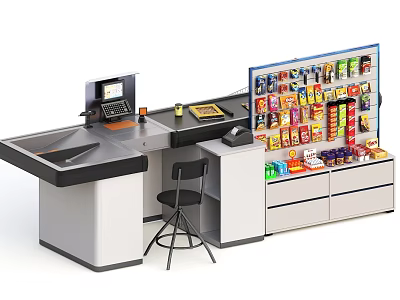 Commercial Equipment Cash Register Counter With Snack Display Shelf For Retail Store 3d model