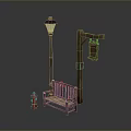 Outdoor Street Scene With Street Lamp Wooden Bench Red Fire Hydrant And Hanging Bucket