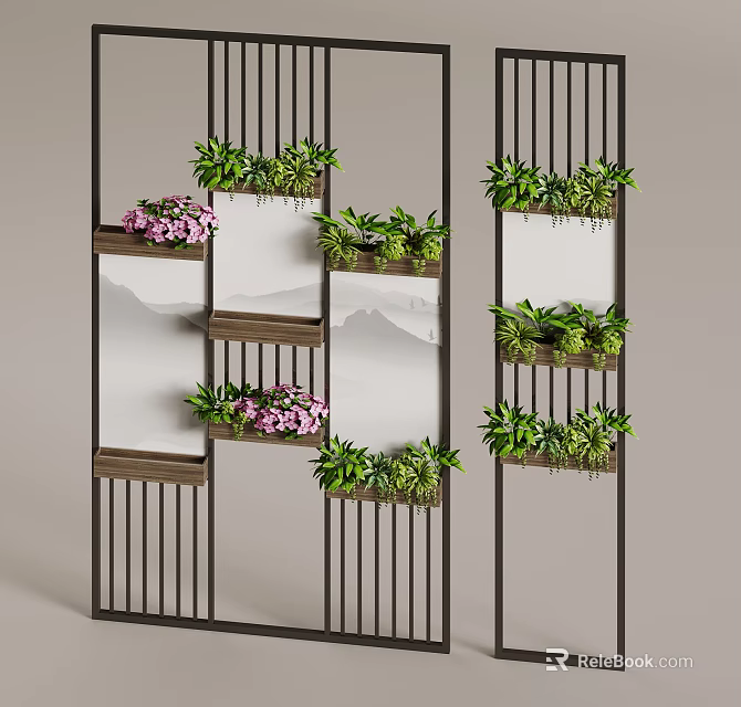 Stylish Room Divider Featuring Vertical Slats Wooden Shelves Green Plants And Pink Flowers 3d model 