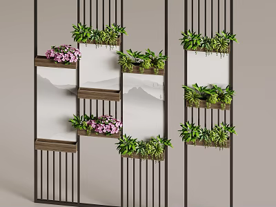 Stylish Room Divider Featuring Vertical Slats Wooden Shelves Green Plants And Pink Flowers 3d model