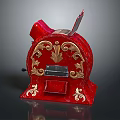 Vintage Red Cash Register With Ornate Gold Decorative Patterns And Classic Design