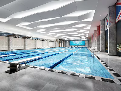 Indoor Swimming Pool With Modern Ceiling Design Blue Lap Lanes Marble Walls And Tile Flooring 3d model