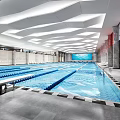 Indoor Swimming Pool With Modern Ceiling Design Blue Lap Lanes Marble Walls And Tile Flooring