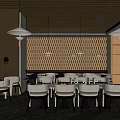 Modern Restaurant Interior With Wooden Ceiling Slat Wall Design Pendant Lights And White Dining Furniture