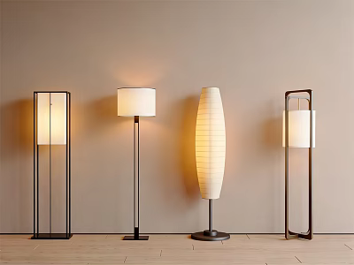 Modern Floor Lamps with Different Styles Against Neutral Wall and Wooden Floor 3d model