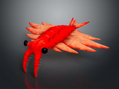 Vibrant Red Fantasy Shrimp with Black Eyes and Feathered Appendages 3D Render 3d model