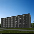 Multi Story School Building With Light Colored Brick Exterior Green Lawns Trees And Blue Sky