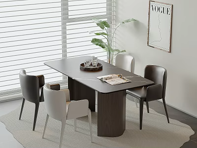 Modern Dining Table Set With Dark Wood Top Grey White Chairs And Potted Plant 3d model