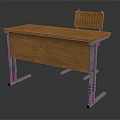 Sturdy Wooden Desk With Metal Frame And Attached Backrest Chair