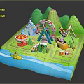 Vibrant Cartoon Scene Featuring Ferris Wheel Carousel Panda Boat Tent Trees And Green Mountains