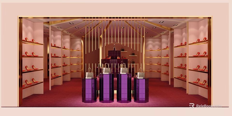 Luxury Boutique Interior With Shoes Display Shelves And Designer Bags On Purple Counters 3d model 