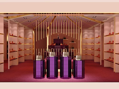 Luxury Boutique Interior With Shoes Display Shelves And Designer Bags On Purple Counters 3d model