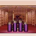 Luxury Boutique Interior With Shoes Display Shelves And Designer Bags On Purple Counters
