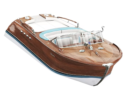 Luxury Wooden Yacht With White Upper Structure Blue Seats And Transparent Windshield 3d model