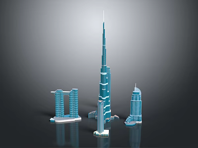 Cartoon City Scene With Tall Skyscraper Models And Reflective Base 3d model
