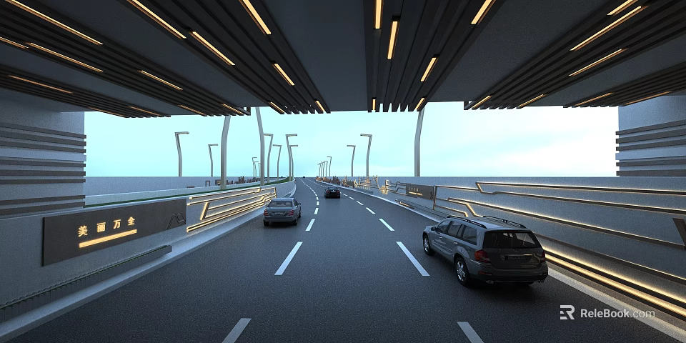Road Infrastructure with Vehicles Driving Overhead Canopy Structure Roadside Streetlights and White Lane Dividers 3d model 