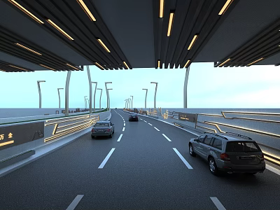 Road Infrastructure with Vehicles Driving Overhead Canopy Structure Roadside Streetlights and White Lane Dividers 3d model