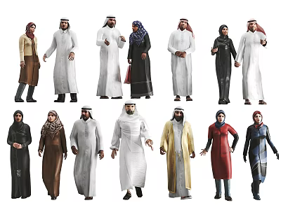 Group of People Wearing Traditional Middle Eastern Attire with Diverse Colors and Styles 3d model