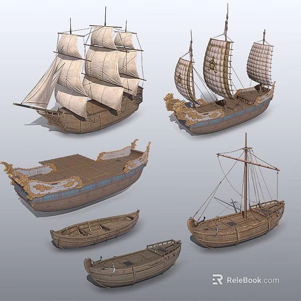 Wooden Boats Collection Featuring Various Sailing Designs Decorative Details And Sizes 3d model 