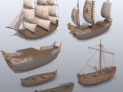 Wooden Boats Collection Featuring Various Sailing Designs Decorative Details And Sizes 3d model