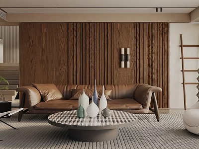 Modern Living Room Interior With Wooden Wall Panel Brown Leather Sofa And Round Coffee Table 3d model