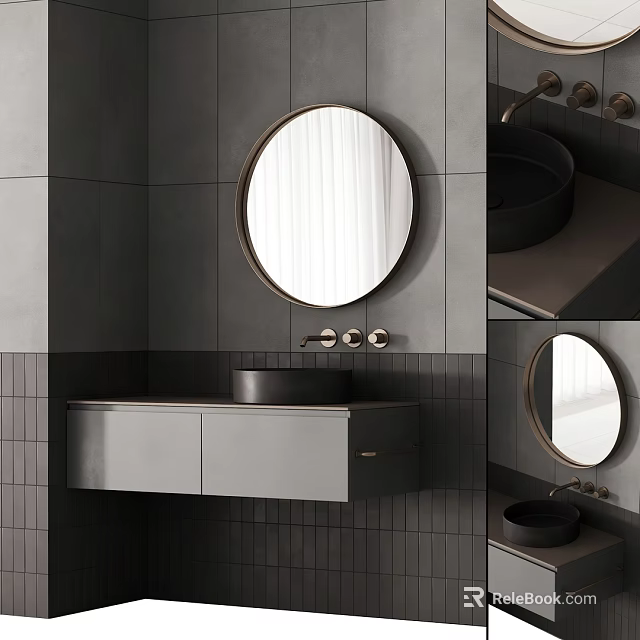 Modern Bathroom Sink Vanity With Round Mirror Black Basin And Gray Cabinet 3d model 
