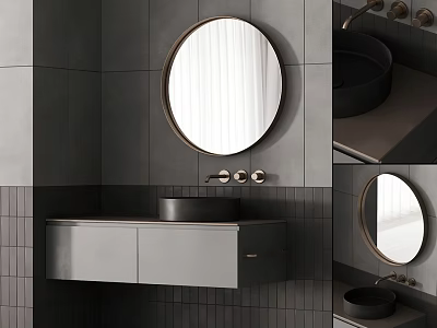 Modern Bathroom Sink Vanity With Round Mirror Black Basin And Gray Cabinet 3d model