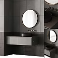 Modern Bathroom Sink Vanity With Round Mirror Black Basin And Gray Cabinet