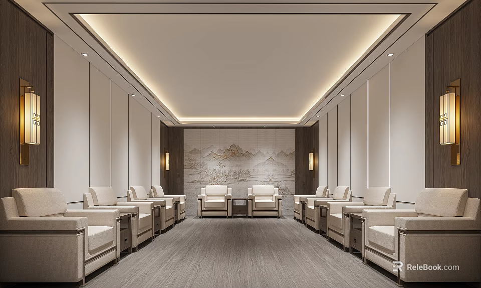 Hotel Public Lounge With Symmetrically Arranged Beige Sofas Landscape Painting Backdrop And Recessed Lighting 3d model 