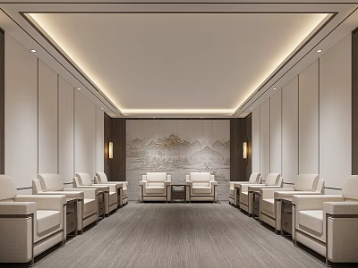 Hotel Public Lounge With Symmetrically Arranged Beige Sofas Landscape Painting Backdrop And Recessed Lighting 3d model
