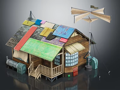Rustic Wooden House With Colorful Roof Windmill Porch Windows And Wooden Stairs 3d model