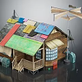 Rustic Wooden House With Colorful Roof Windmill Porch Windows And Wooden Stairs