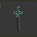 Ancient Decorative Sword With Pagoda Shaped Pommel Ornate Hilt And Colorful Blade