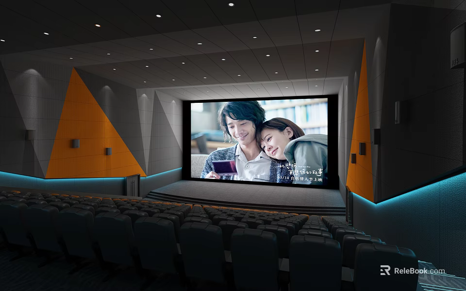 Modern Cinema Interior Featuring Large Screen Showing Movie Geometric Decor Comfortable Seats And Lighting 3d model 