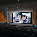 Modern Cinema Interior Featuring Large Screen Showing Movie Geometric Decor Comfortable Seats And Lighting