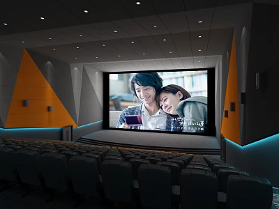 Modern Cinema Interior Featuring Large Screen Showing Movie Geometric Decor Comfortable Seats And Lighting 3d model