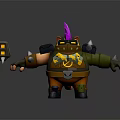 Muscular Game Movie Character With Purple Spiked Hair Metal Spiked Armor And Large Hammer