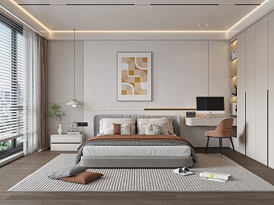 Modern Minimalist Bedroom With Geometric Artwork Bed Desk Gray Rug And Pendant Light 3d model