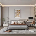 Modern Minimalist Bedroom With Geometric Artwork Bed Desk Gray Rug And Pendant Light