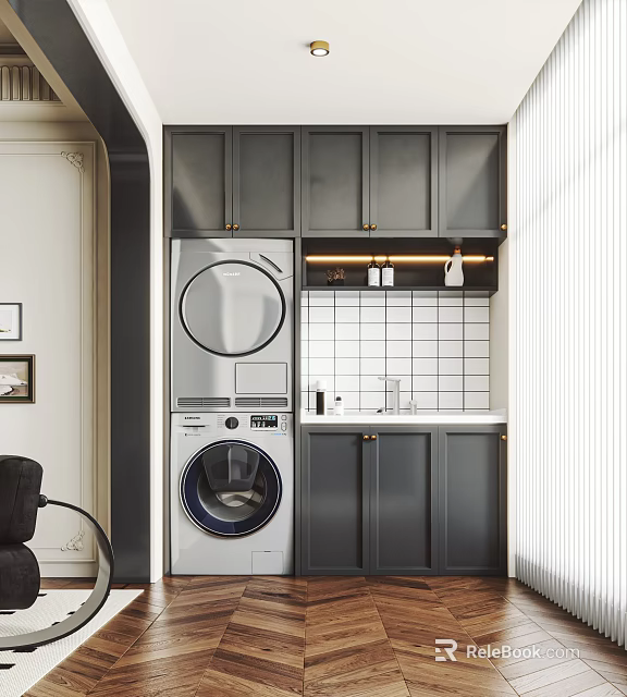 Home Balcony With Gray Cabinets Washing Machine Dryer Lighting Strip And White Tiled Backsplash 3d model 
