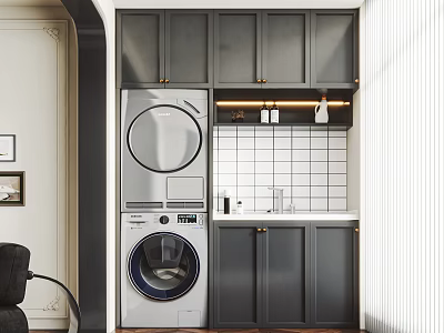 Home Balcony With Gray Cabinets Washing Machine Dryer Lighting Strip And White Tiled Backsplash 3d model