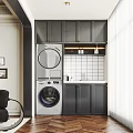 Home Balcony With Gray Cabinets Washing Machine Dryer Lighting Strip And White Tiled Backsplash