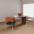 Wooden Table and Chair Set with Orange Back Transparent Chairs Metal Legs and Fruit Plate