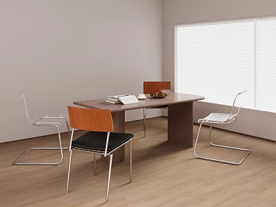 Wooden Table and Chair Set with Orange Back Transparent Chairs Metal Legs and Fruit Plate 3d model