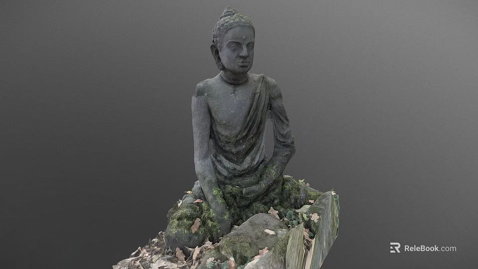 Stone Carved Buddha Sculpture In Sitting Posture With Moss And Fallen Leaves 3d model 