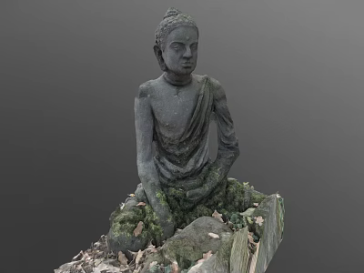 Stone Carved Buddha Sculpture In Sitting Posture With Moss And Fallen Leaves 3d model