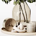 Decorative Ornament Set with Clear Glass Vase Green Foliage Reed Diffuser Candles and Wooden Tray