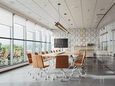 Modern Conference Room With Large Windows Long Meeting Table TV Screen And Pendant Lights 3d model
