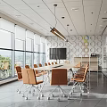 Modern Conference Room With Large Windows Long Meeting Table TV Screen And Pendant Lights